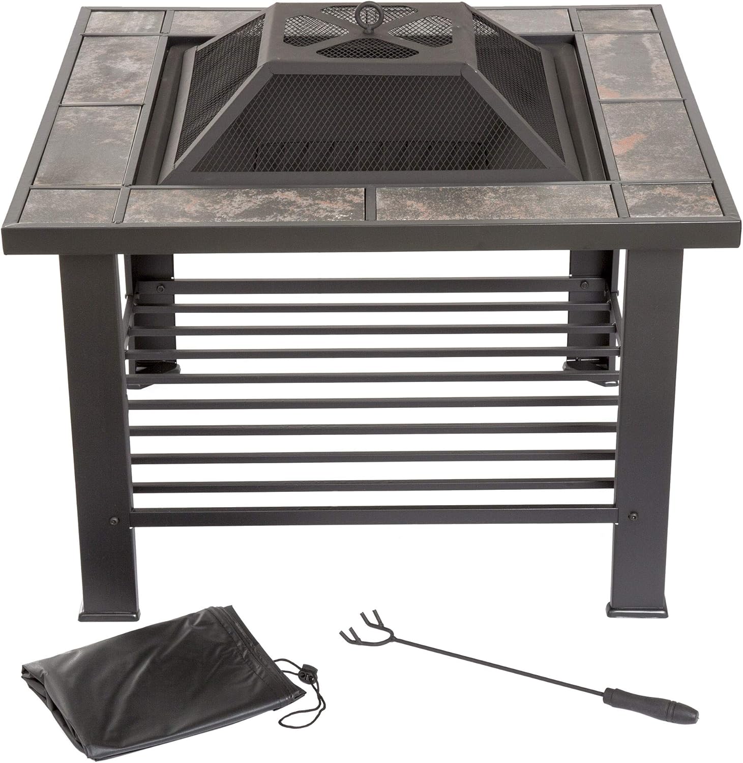 Pure Garden Fire Pit Set, Wood Burning Pit - Includes Screen, Cover and Log Poker - Great for Outdoor and Patio, 30 inch Square Marble Tile Firepit