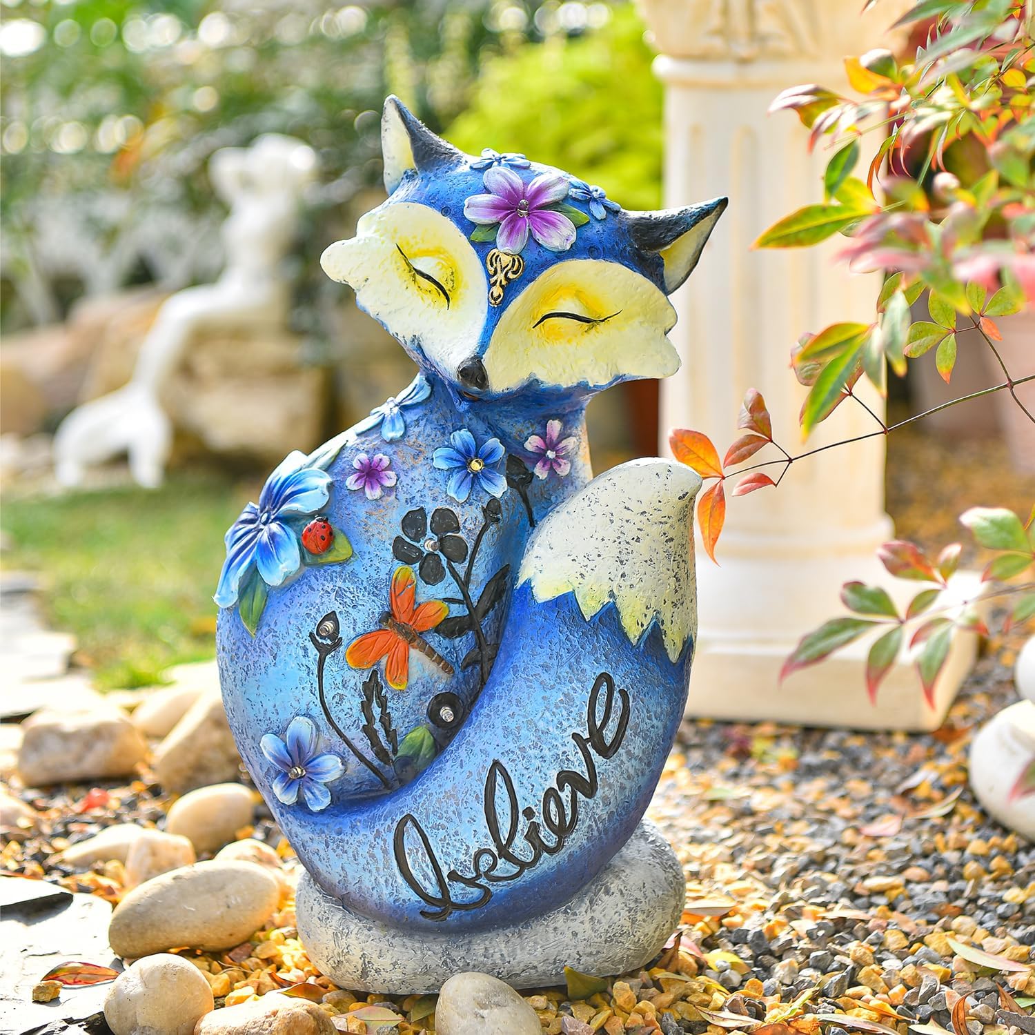Sungmor Solar Garden Statue Fox Figurine with LED Lights, Solar Powered Resin Sculpture Yard Lawn Ornaments, Hand-Painted Outdoor Figurine Lights Decorations, Housewarming Gift