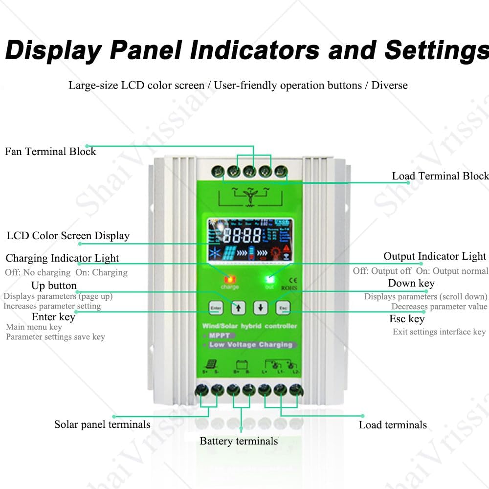 300w-1200w Mppt Wind Solar Hybrid Controller,Boost Function,Voltage Automatic,for 12/24/48v Sealed and Lithium Battery,Colorful LCD Display,for Home Boat Street Light W400/S500W-12V