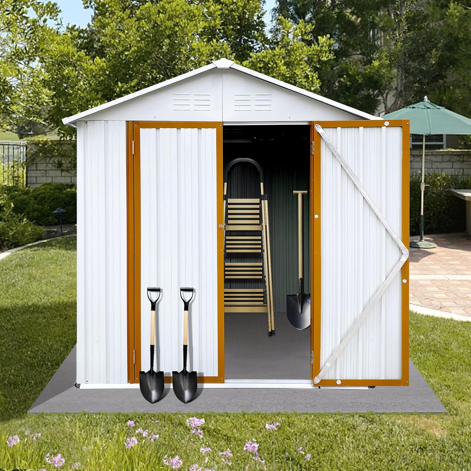 Outdoor Storage Shed 6FT x 4FT with Apex Roof, Metal Garden Tool Shed for Backyard, Weatherproof & Rust-Resistant Outdoor Storage Building, 70.1x46.4x175.6 inches (White)