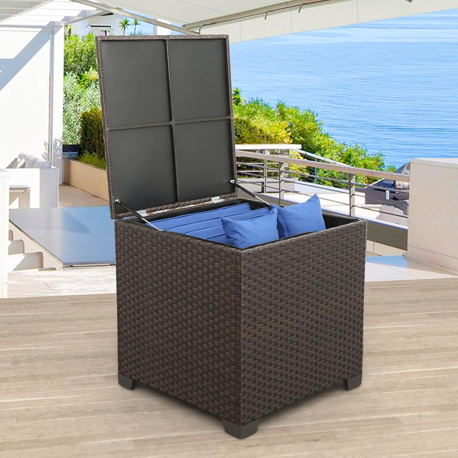 80 Gallon Square Patio Storage Bin Wicker Outdoor Storage Box with Waterproof Lining Bag Deck Storage Box Cushion Storage Bin Outdoor, Brown Wicker