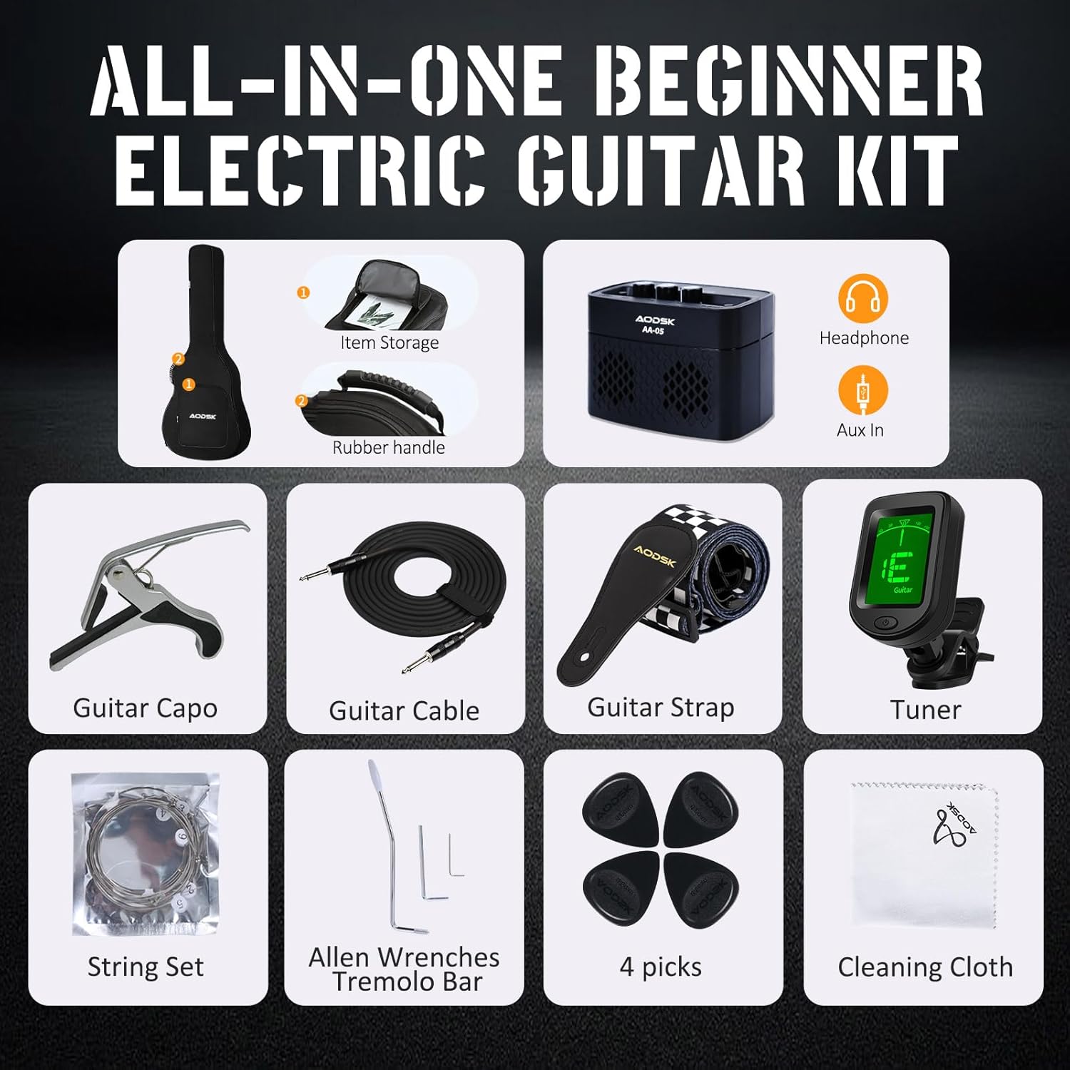 AODSK Electric Guitar with Amp Beginner Kit 39 Inch Solid Body Full Size,All Accessories,Digital Tuner,Six Strings,Four Picks,Tremolo Bar,Strap,Gig Bag,Starter kit (Blue-HSS)