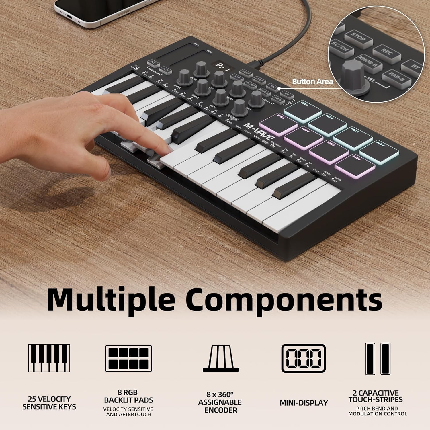 DaierTek Midi Keyboard Controller 25 Key Portable Mini Bluetooth & USB Midi Piano with 8 Backlit Drum Pad, 8 Knobs and Music Production Software for Computer Recording, Music Production