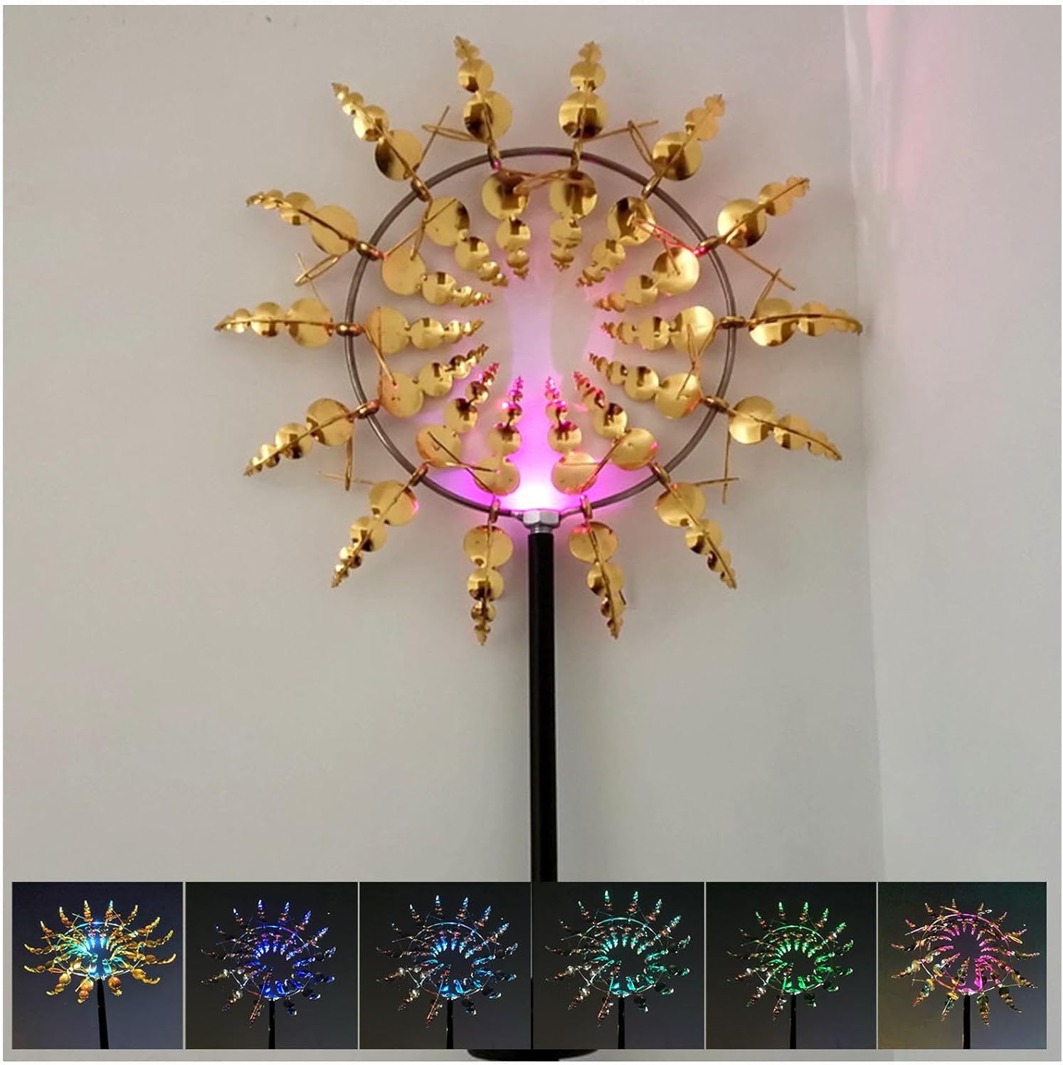 Solar Magical Windmill, Wind Powered Kinetic Sculpture Wind Spinner Dual Direction, 13.4 x 71in Yard Spinners,Gold