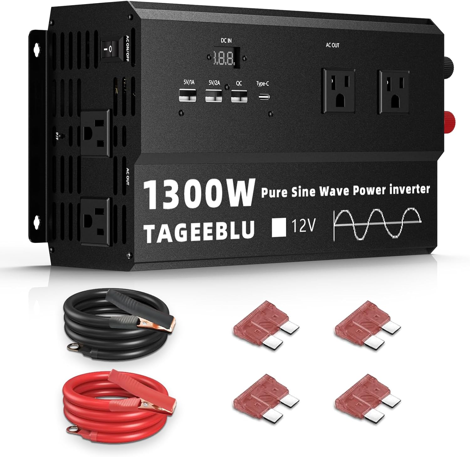 1300W Pure Sine Wave Inverter, 12V DC to 110V/120V AC Power Inverter for RV、Off Grid、Truck with 4 AC outlets and LCD Display