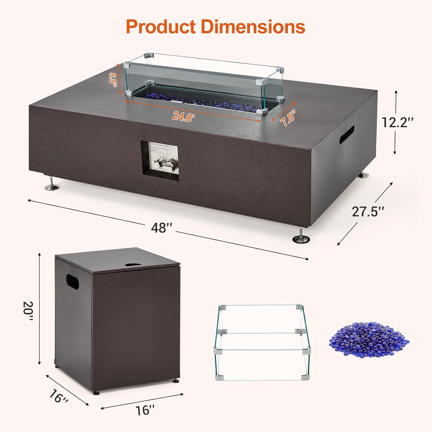 48 in Outdoor Fire Table, 48 in Rectangle Propane Gas Fire Pit Table, 50,000 BTU Modern Firepit with 16 in Tank Cover Side Table, Wind Guard, Fire Glass, Rain Cover, Antique Bronze