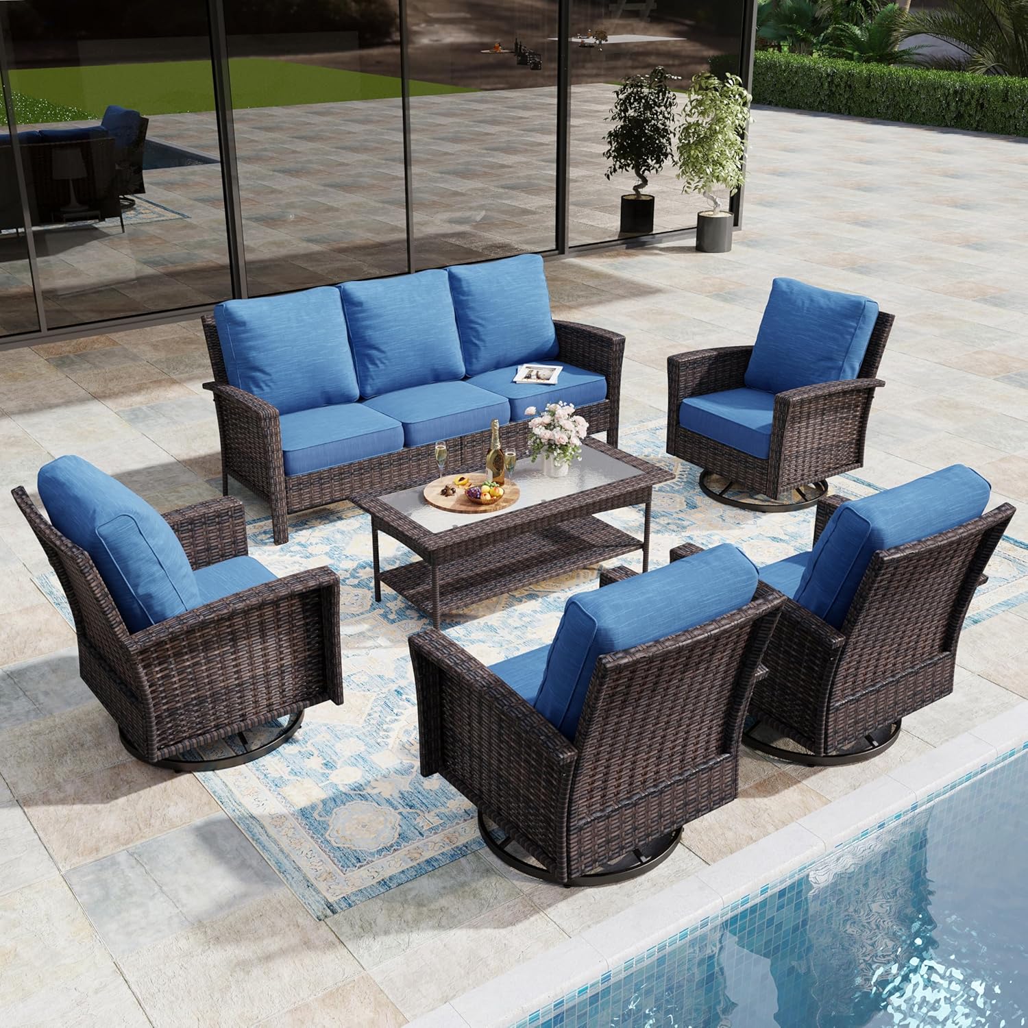 6-Piece Wicker Patio Furniture Set with Swivel Chairs, High Back Outdoor Sofa with 5.5-inch Thick Cushion, All-Weather Wicker Patio Conversation Set for Deck Yard Pool, Navy Blue