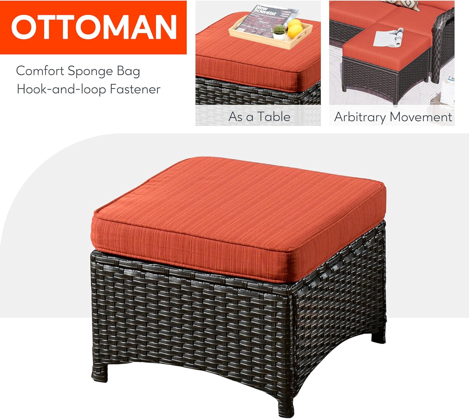 HOOOWOOO Patio Outdoor Furniture Set with Propane Fire Pit Table,9 Piece High Tilt Back Wicker Couch Sofa Set with Swivel Chair, Outside All Weather Conversation Seating Set w Ottoman(Orange Red)