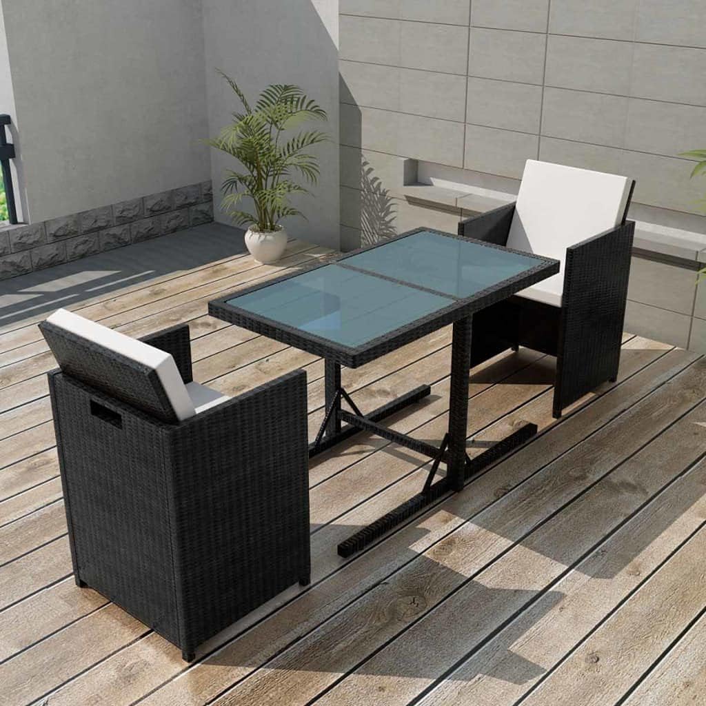 Black PE Rattan Outdoor Bistro Set, 3-Piece Patio Furniture, Steel Frame, Glass Tabletop, Polyester Cushions, Compact Dining for Balcony