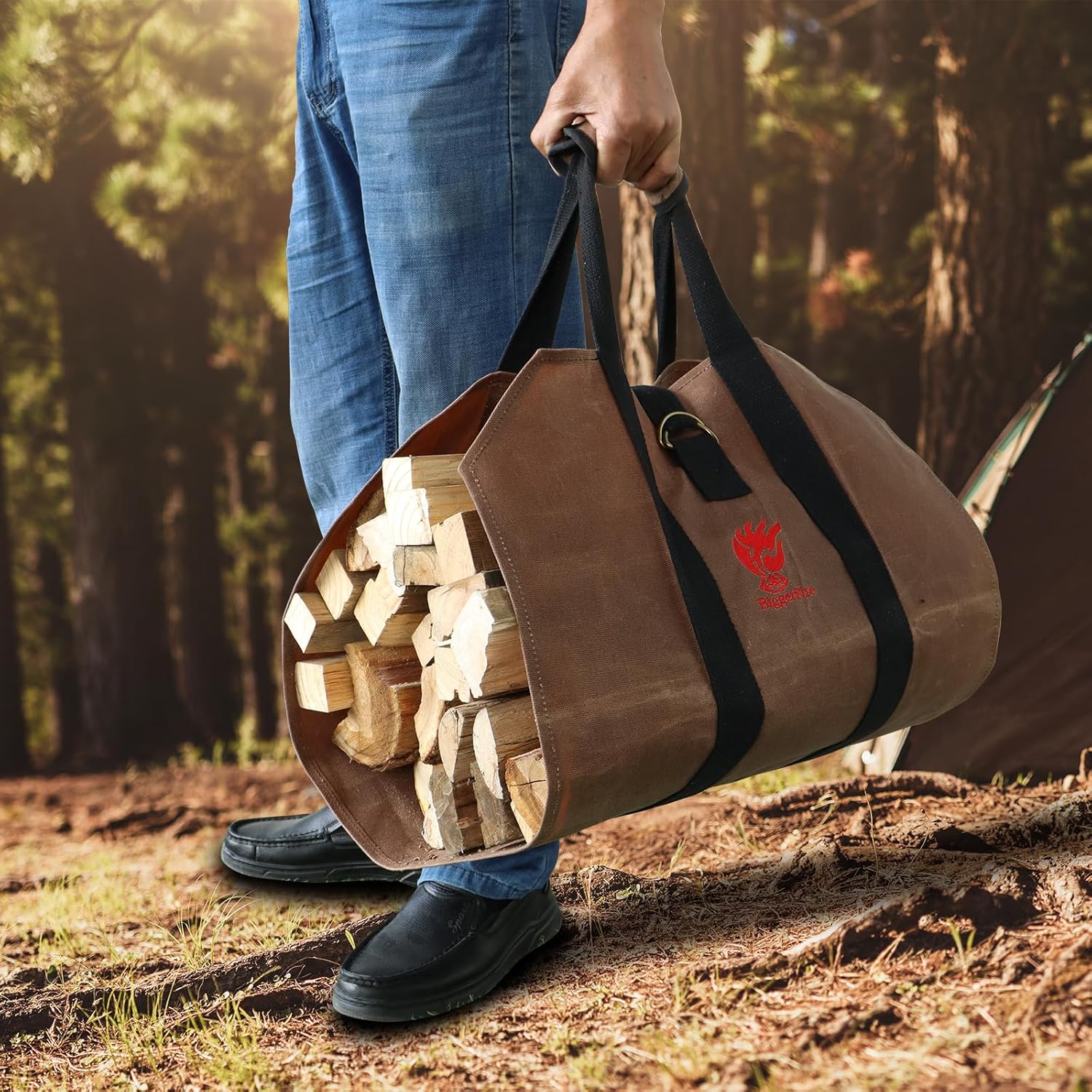 Foldable Portable Fire Pit,Stainless Steel Fire Pits with Charcoal Grill Net and Storage Bag and Firewood Carrier Bag 38x18 Inches Waxed Canvas Log Carrier Tote