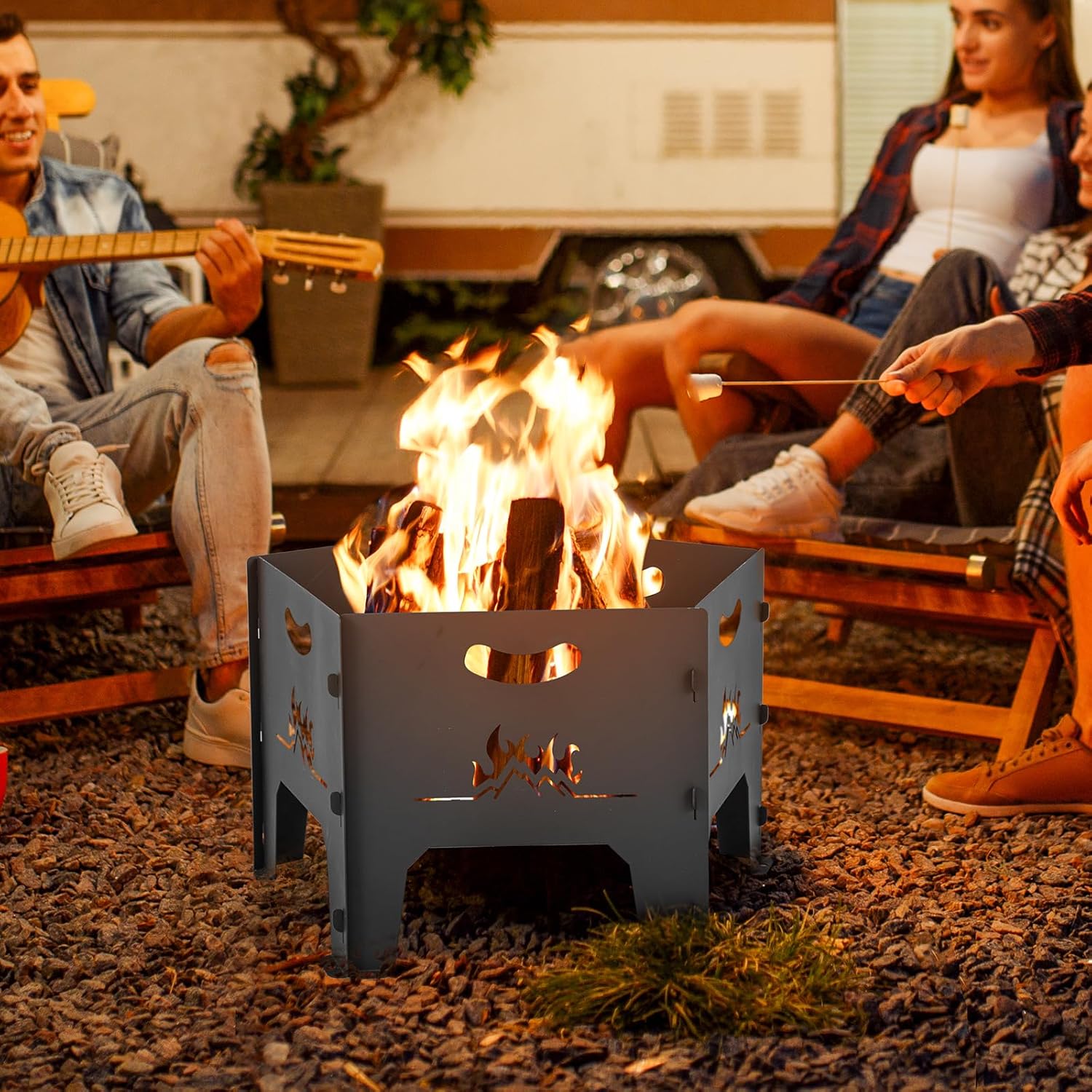 HAPPYGRILL Portable Fire Pit with Storage Bag, Heavy Duty Wood Burning Fire Pits w/Plug-in Design, Bottom Airflow Holes, Folding Firepit Stove for Outdoor Camping, Patio, Picnic, Bonfire