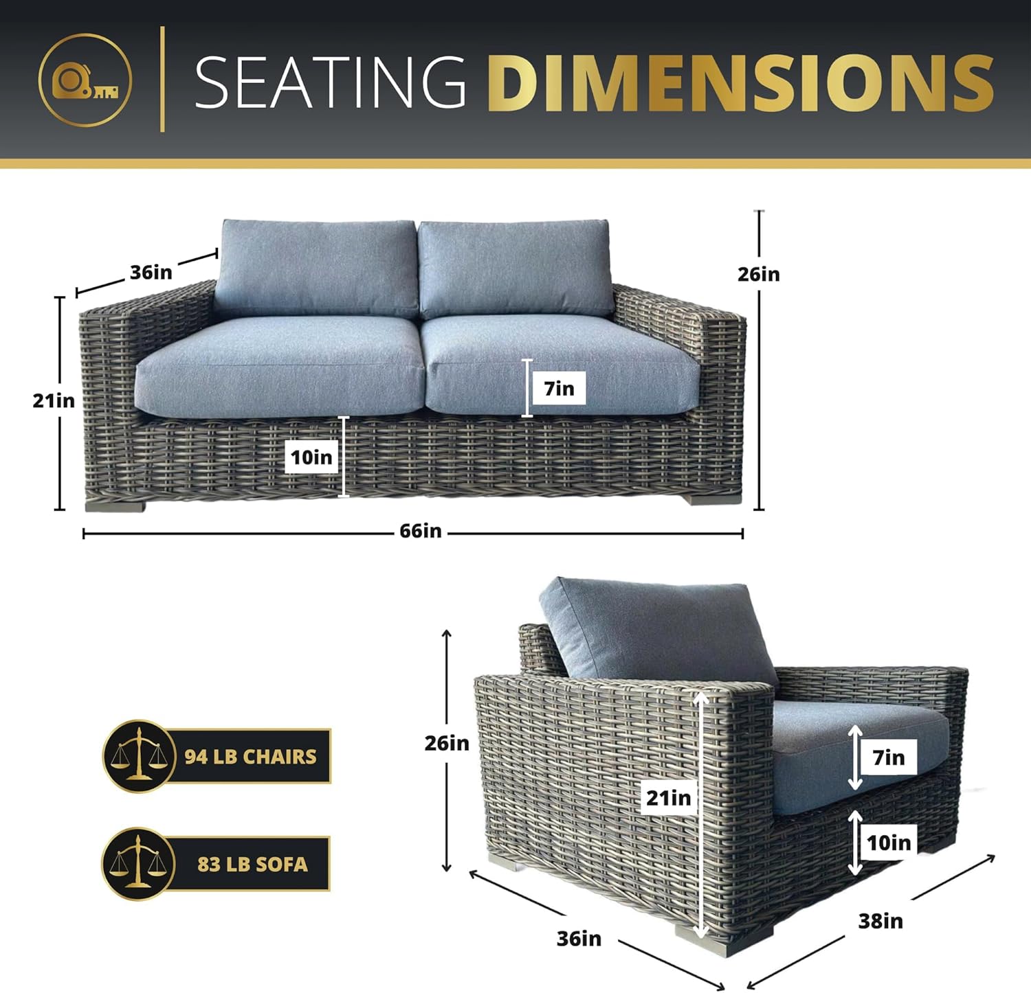 Mazatzal 4 Piece Outdoor Patio Furniture Set with 42 Inch Grey Propane Fire Pit, Wicker Rattan Outdoor Loveseat and Stationary Chairs, Aluminum Frame, Includes Fire Glass & Wind Guard
