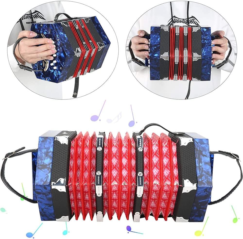 Professional Accordion Concertina With 20 Buttons, With Carrying Bag And Adjustable Hand Strap, For Daily Practice Stage Performance(Blue)