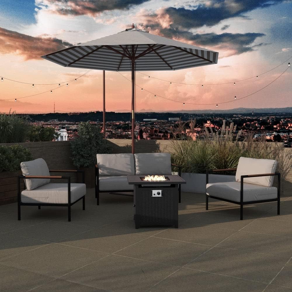 Outdoor Btu Metal Fire Pit Table with Lid and Lava Rock Black Square Steel