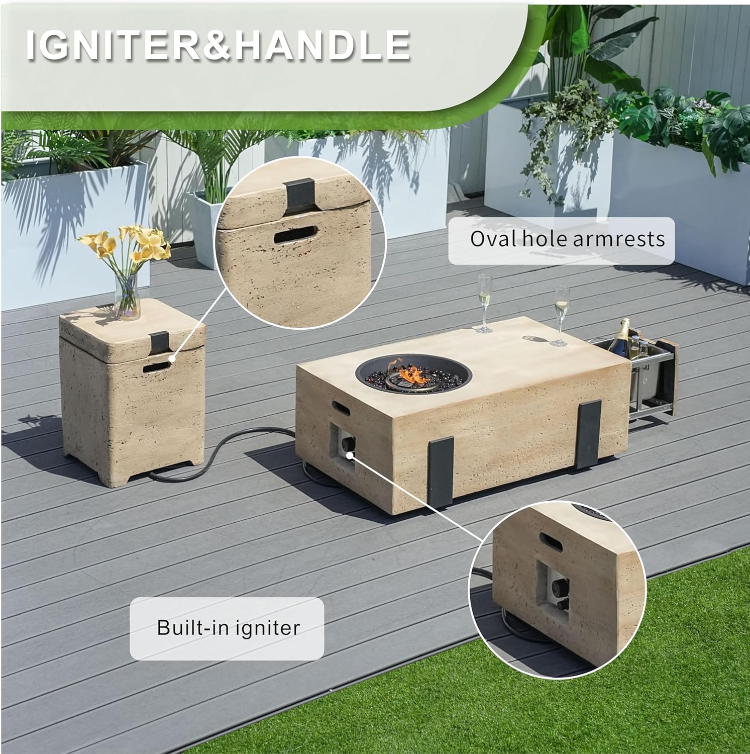 2 Piece 42-Inch Outdoor Fire Pit Table with 40,000 BTU Propane Gas, 3 in 1 Fire Pit, Baking Sheet, Wind Guard & 16-Inch Tank Side Table for Garden, Backyard, Deck & Pool, Brown