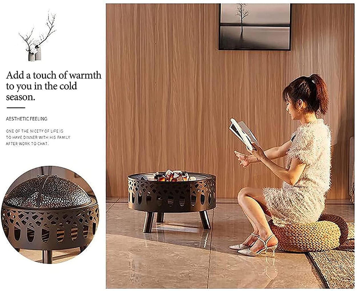 Fire Pits for Outside with Grill, 23Inch Outdoor Wood Burning Firepit Bowl with Spark Screen Cover Log Grate Fire Poker Steel Round Fireplace for Outside Camping Bonfire Beach Patio Backyard