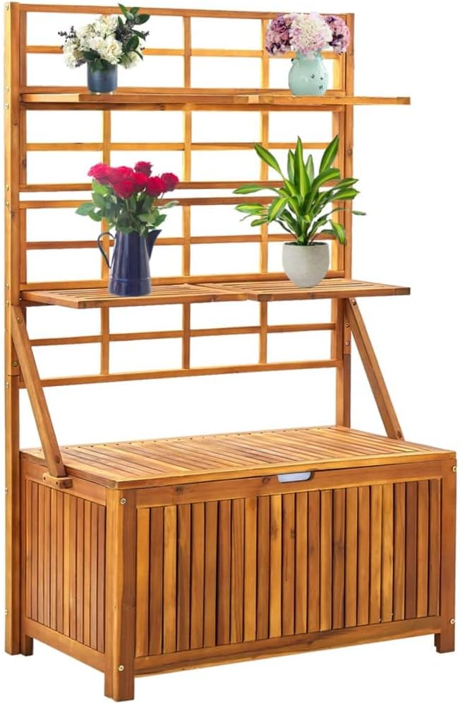 Storage Box with Trellis,deck box,outdoor storage box,Features 4 shelves,Shelves can be adjusted in position,Includes waterproof inner bag, 39