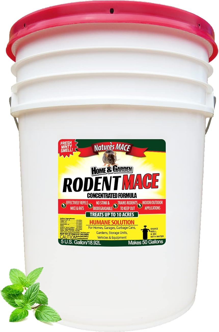Nature’s MACE Rodent Repellent 5 Gal Concentrate, Covers 10 Acres, Repel Mice & Rats, Keep Mice, Rats & Rodents Out of Home, Garage, Attic, and Crawl Space, Safe to Use Around Children, Pets, & Plants