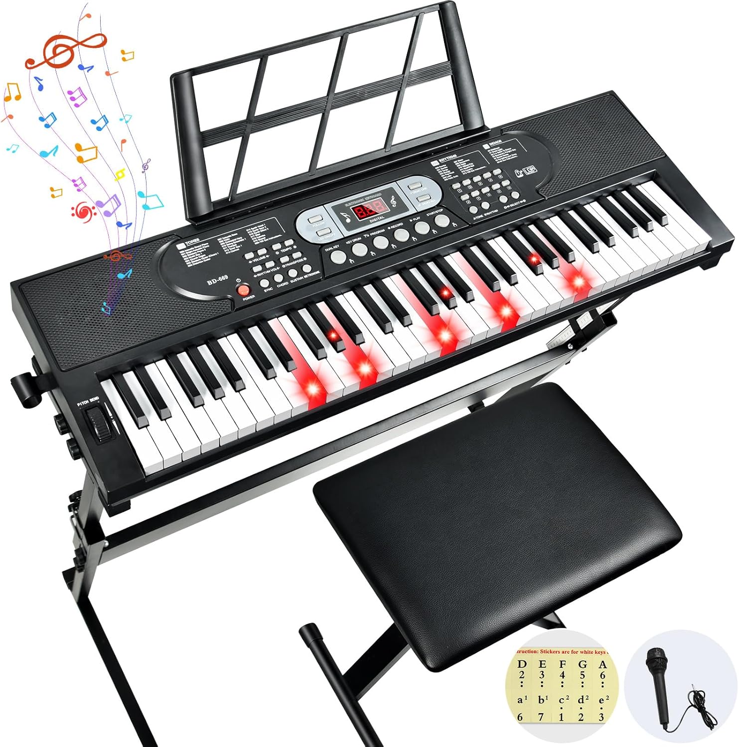 61-Key Lighted Keyboard Piano for Beginners, Electric Keyboard with Pitch Bend & Built-In Speakers, Teaching Mode, Portable Piano Set with Stand, Bench & Microphone