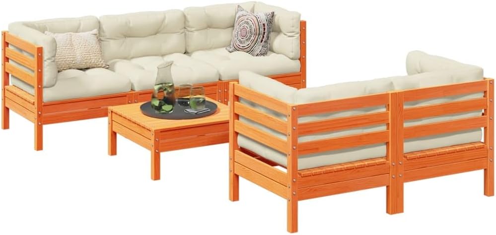 6 Piece Patio Sofa Set with Cushions Wax Brown Solid Wood Pine, Patio Furniture Sets, Outdoor Furniture