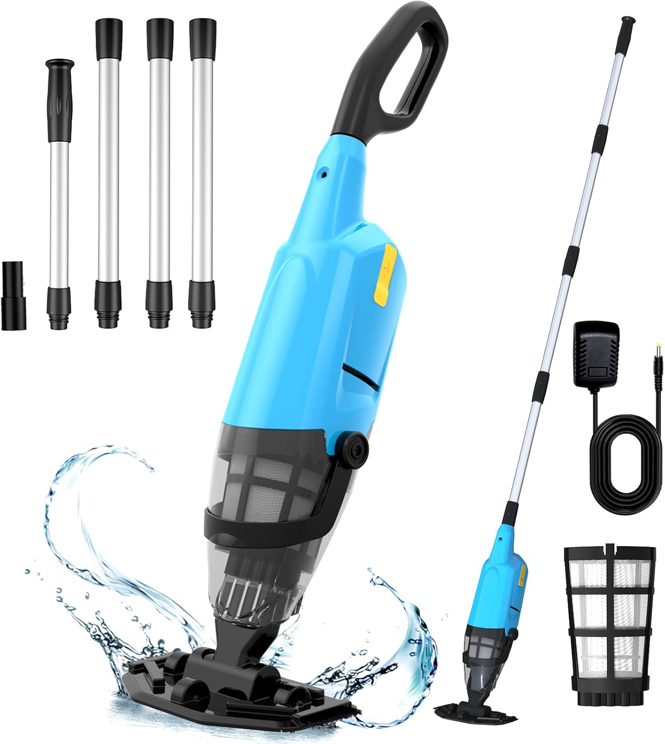 Cordless Pool Vacuum for Inground Pools, 2025 Upgraded Handheld Pool Vacuum for Above Ground Pool W/4-Section Aluminum Pole & 18 Gallon/Min, Lightweight Rechargeable Pool Cleaner Vacuum (Blue)
