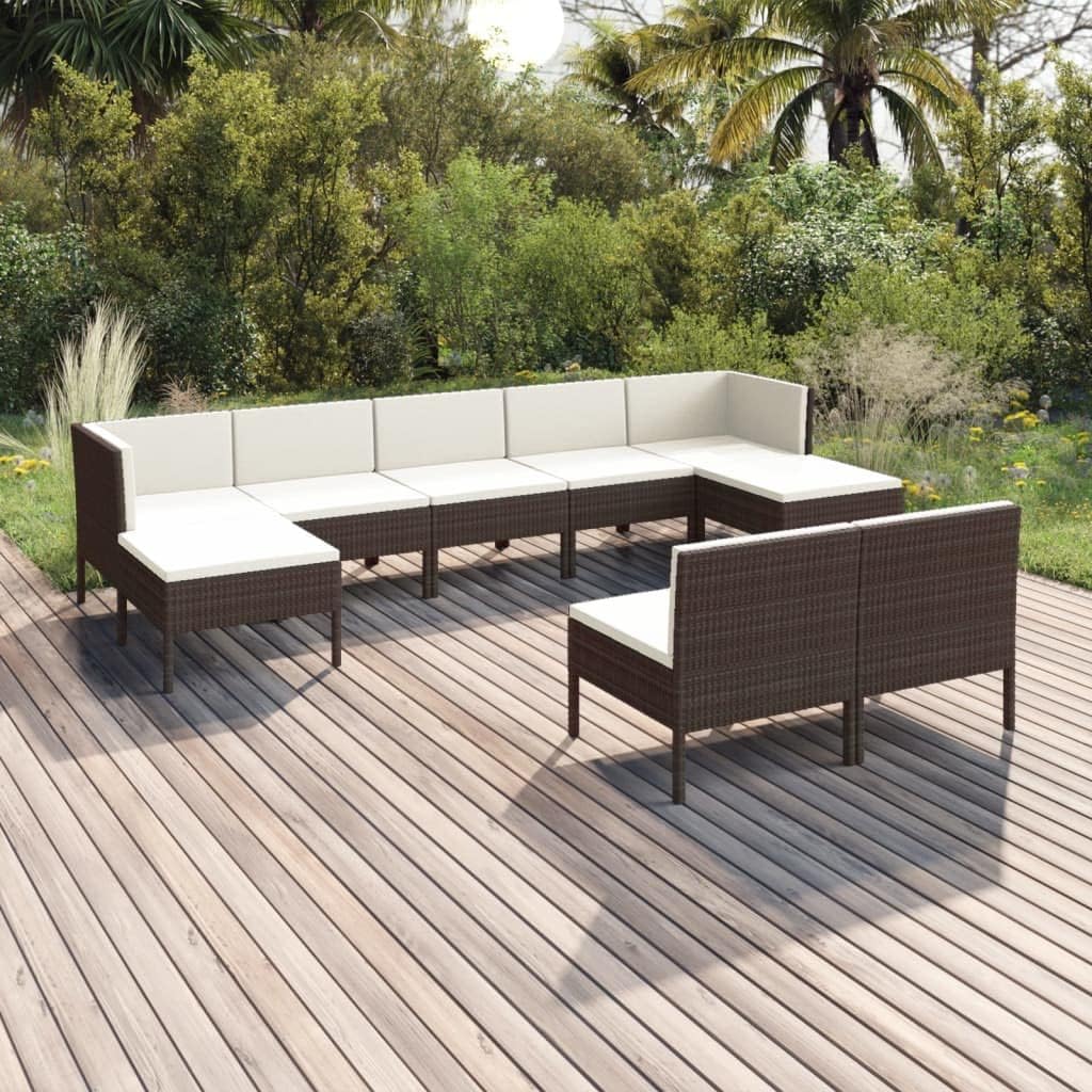 Garden Lounge Set Brown PE Rattan, 9-Piece Modular Outdoor Table and Chairs, Patio Furniture Set with Cushions, Powder-Coated Steel Frame, Square Shape for Balcony