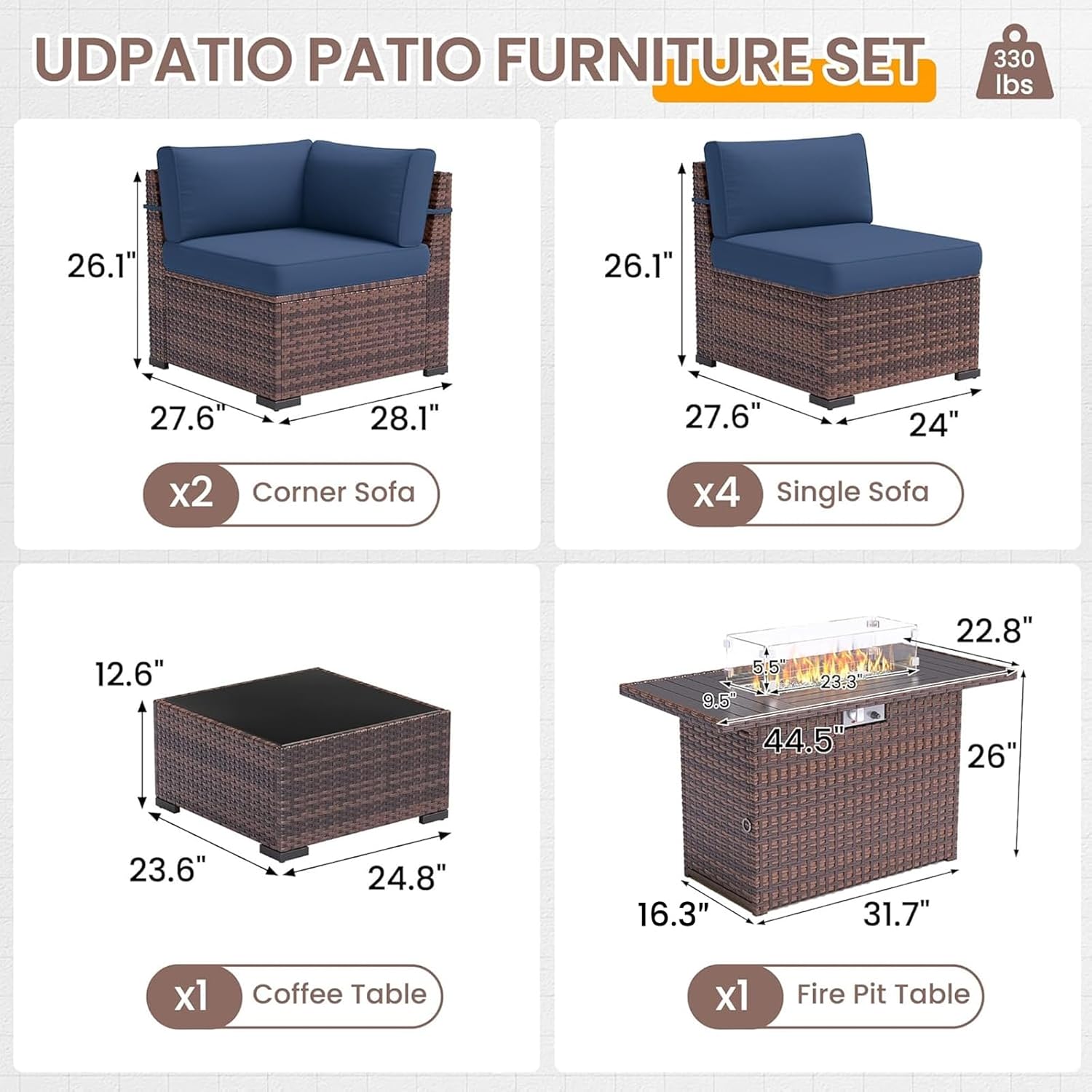 UDPATIO Patio Furniture Set with 44'' Fire Pit Table,Modular Outdoor Furniture Sets,Slanted Back Outdoor Sectional Conversation Set PE Rattan Sofa for Backyard W/Coffee Table,4'' Cushions,8 PCS,Blue