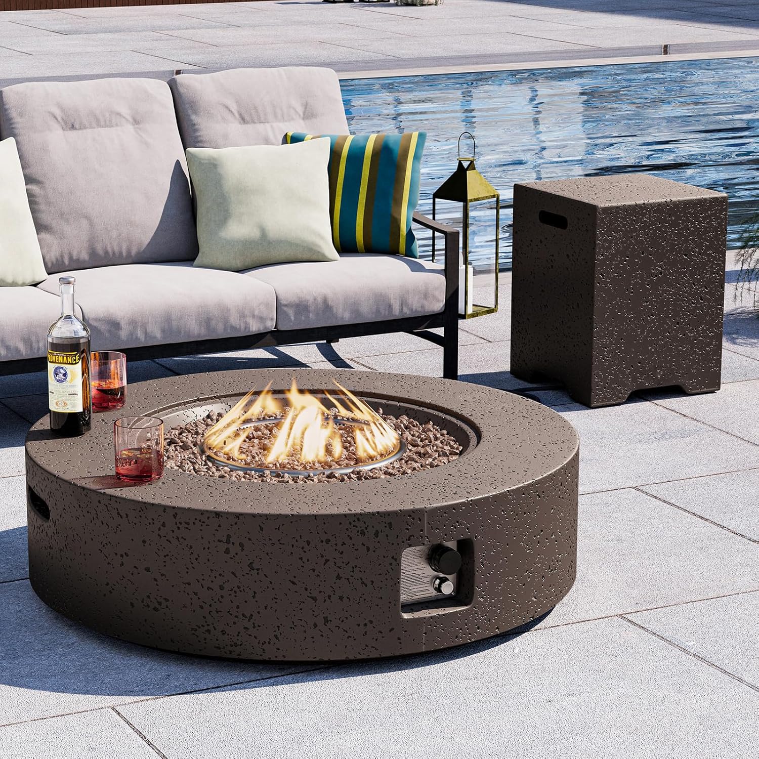 SUNBURY Outdoor Fire Pit Table Propane Gas Fire pits &Outdoor Fireplaces 40.5″ Inch Rounded Firepit Table with Tank Cover, 50,000 BTU Fire Table for Patio Set, Brown