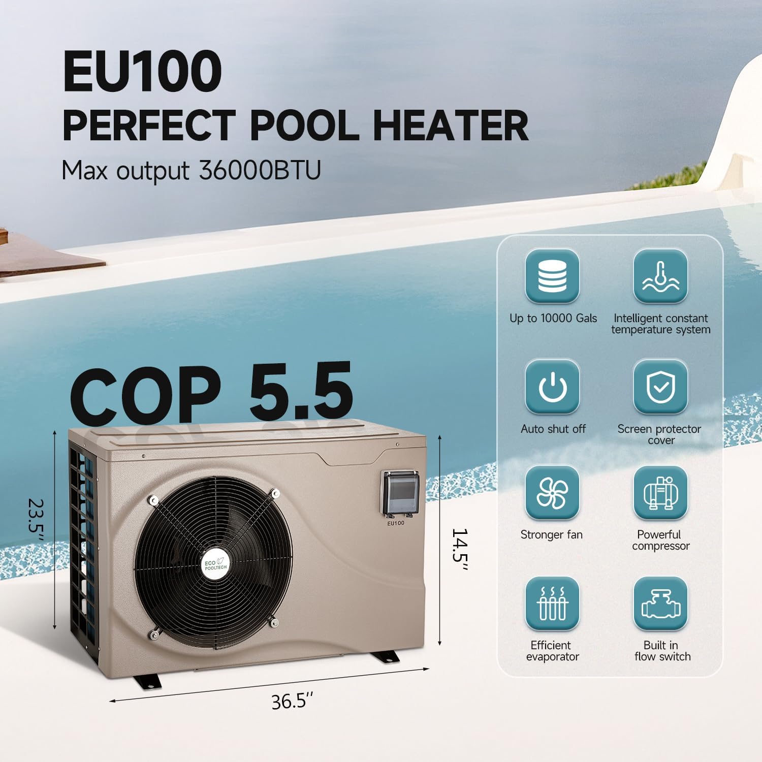 10000gallons Inverter Pool Heaters for Above Ground and Inground Pools, Max 38864BTU Electric Swimming Pool Heat Pumps for 8/15/20 ft Pool, 208V~230V/60Hz, Heating and Cooling Pool Heater