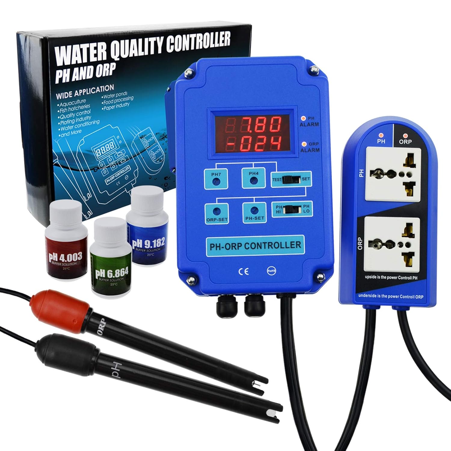 2 in 1 pH ORP Redox Controller Monitor w/Output Power Relay Control Water Quality Meter Electrode Probe BNC & Continuous Measurement Kit for Aquarium Hydroponics Plant Pool Spa