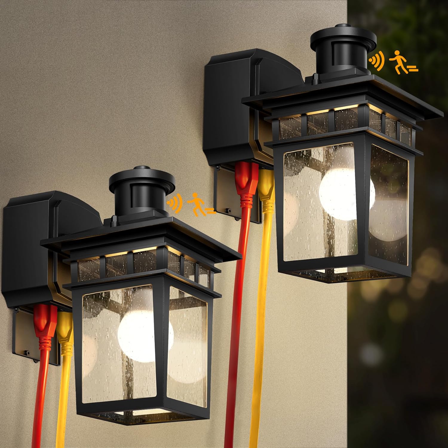 2 Pack Porch Light with GFCI Outlet, Black Dusk to Dawn Motion Sensor Outdoor Lights, 3-Mode Wall Exterior Lighting Fixture, Waterproof Outside Lights Sconce for House Front Door Patio Garage