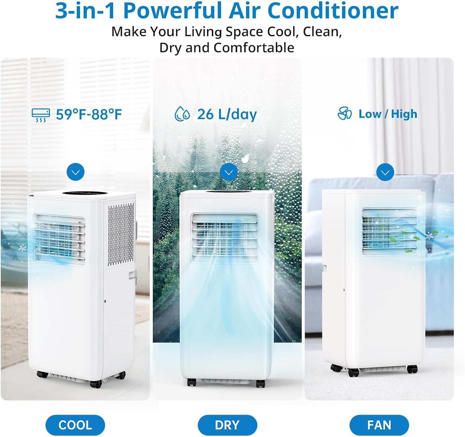 Portable Air Conditioners, 8000 BTU Portable AC for Rooms Up to 350 Sq.Ft. 3-In-1 Unit with Quick Cooling, Dehumidifying, 3-Speed Fan, 24H Timer/Remote Control/Ultra Quiet, White & Black