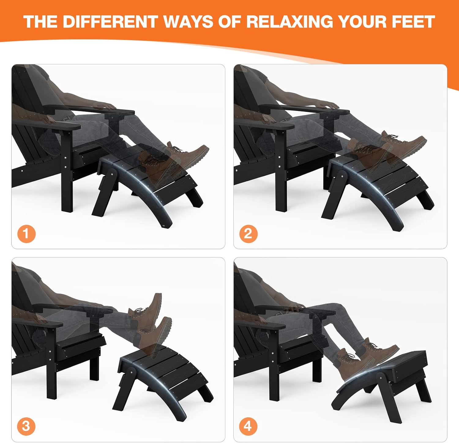 YEFU Adirondack Ottoman Set of 4, Adirondack Foot Rest, Patio Foot Rest, Folding Adirondack Footstool, Weather Resistant for Adirondack Chair, Widely Used for Outdoor, Porch, Backyard, Fire Pits-Black