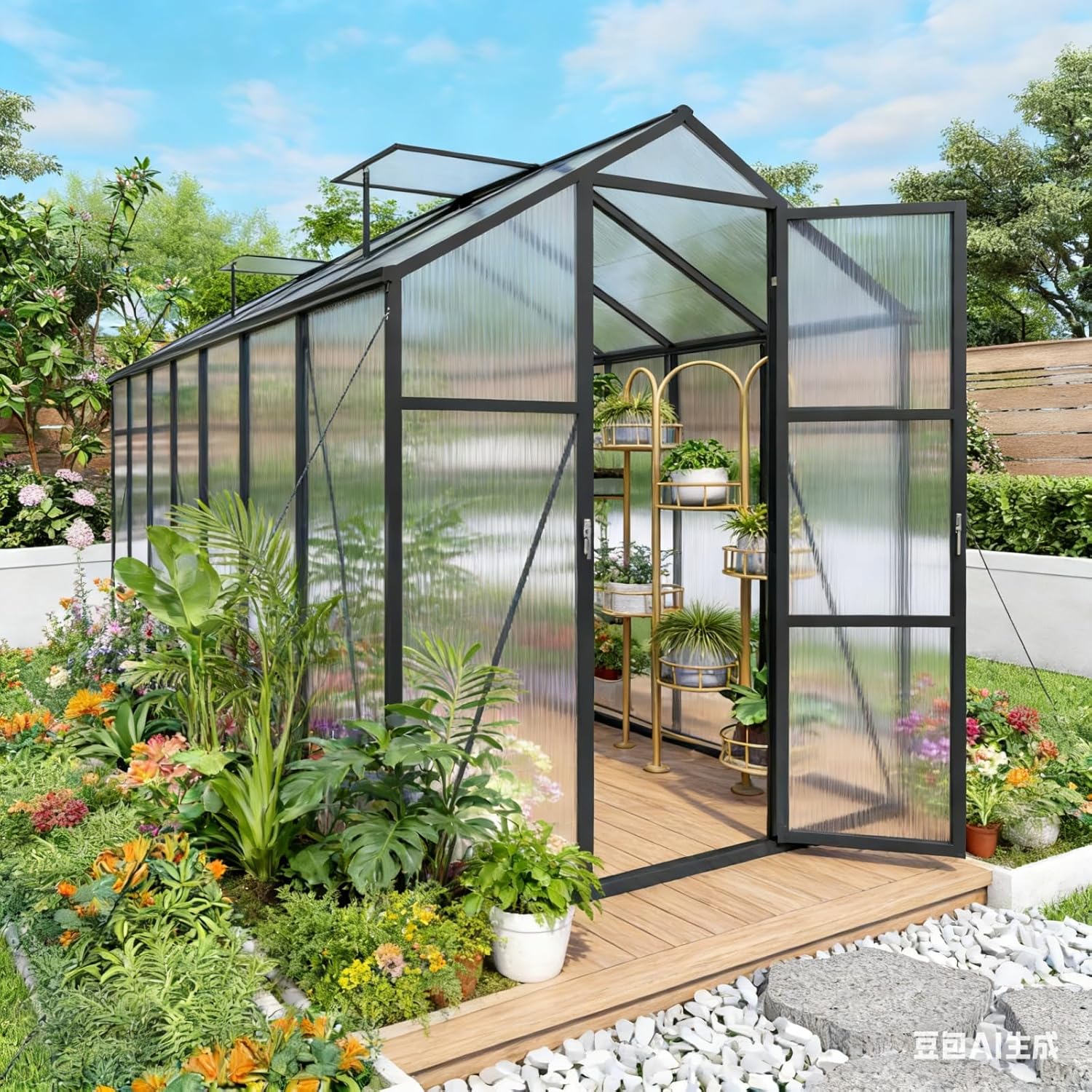 6x14 FT Greenhouse, Walk-in Outdoor Polycarbonate Garden Greenhouses with Aluminum Frame, 4mm PC Panels, Adjustable Roof Vents & Lockable Hinged Door for Backyard Growing, Black
