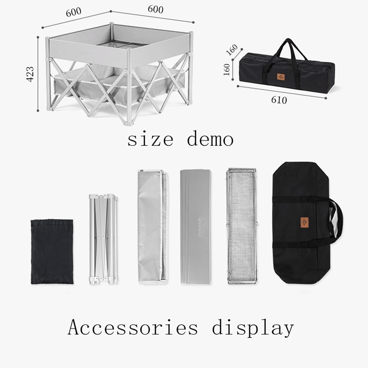 Collapsible Campfire Grill Camping Fire Pit, 304 Stainless Steel Grill Gate, Heavy Duty Portable Camping Grill with Carrying Bag，Square Firepit with Grill