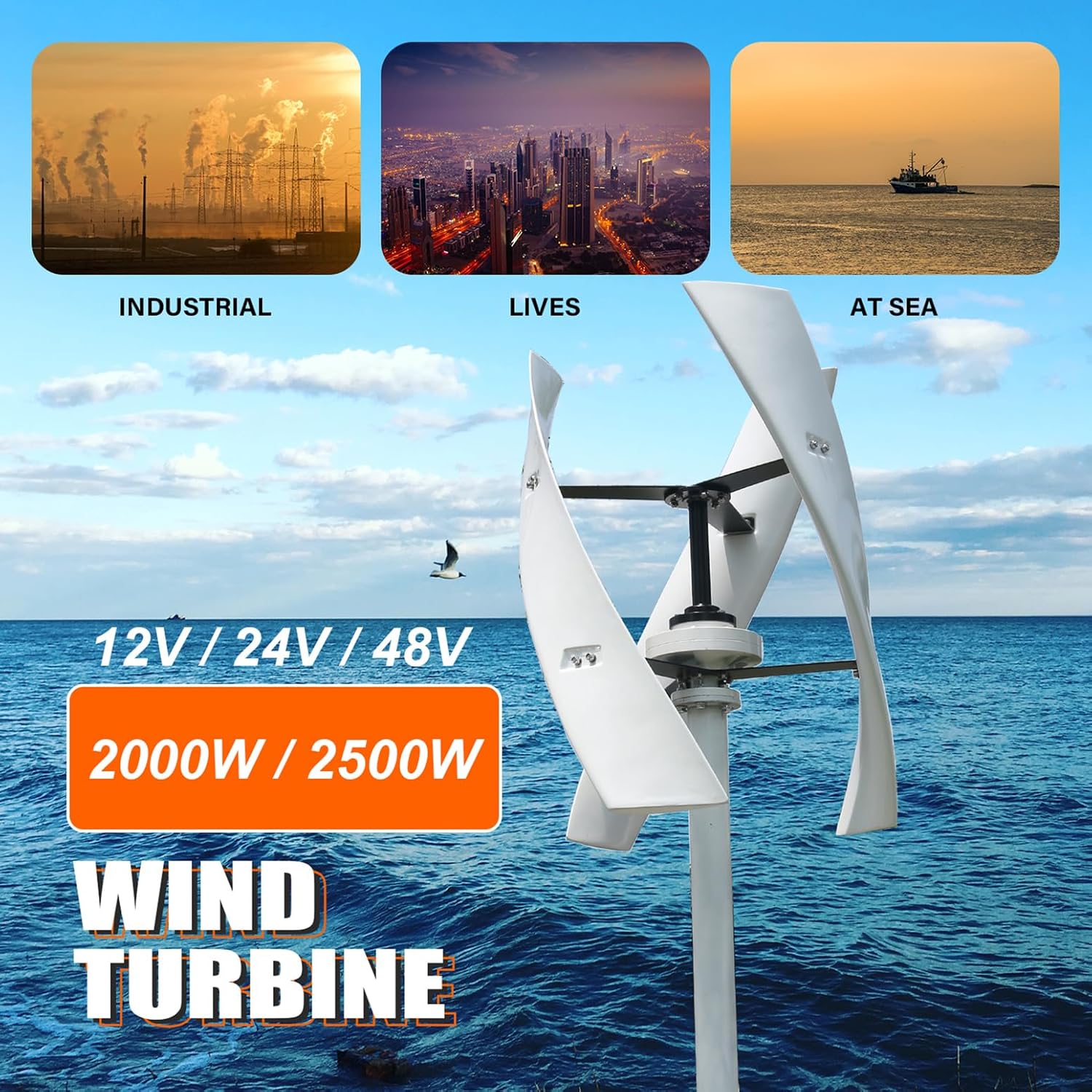 2000W / 2500W Vertical Wind Turbine Generator 3 Blades 12V / 24V / 48V Low Noise Rotation Wind Turbine Generator with MPPT Controller Maglev Wind Turbine for Home Use,Multi Colored,2500W24V