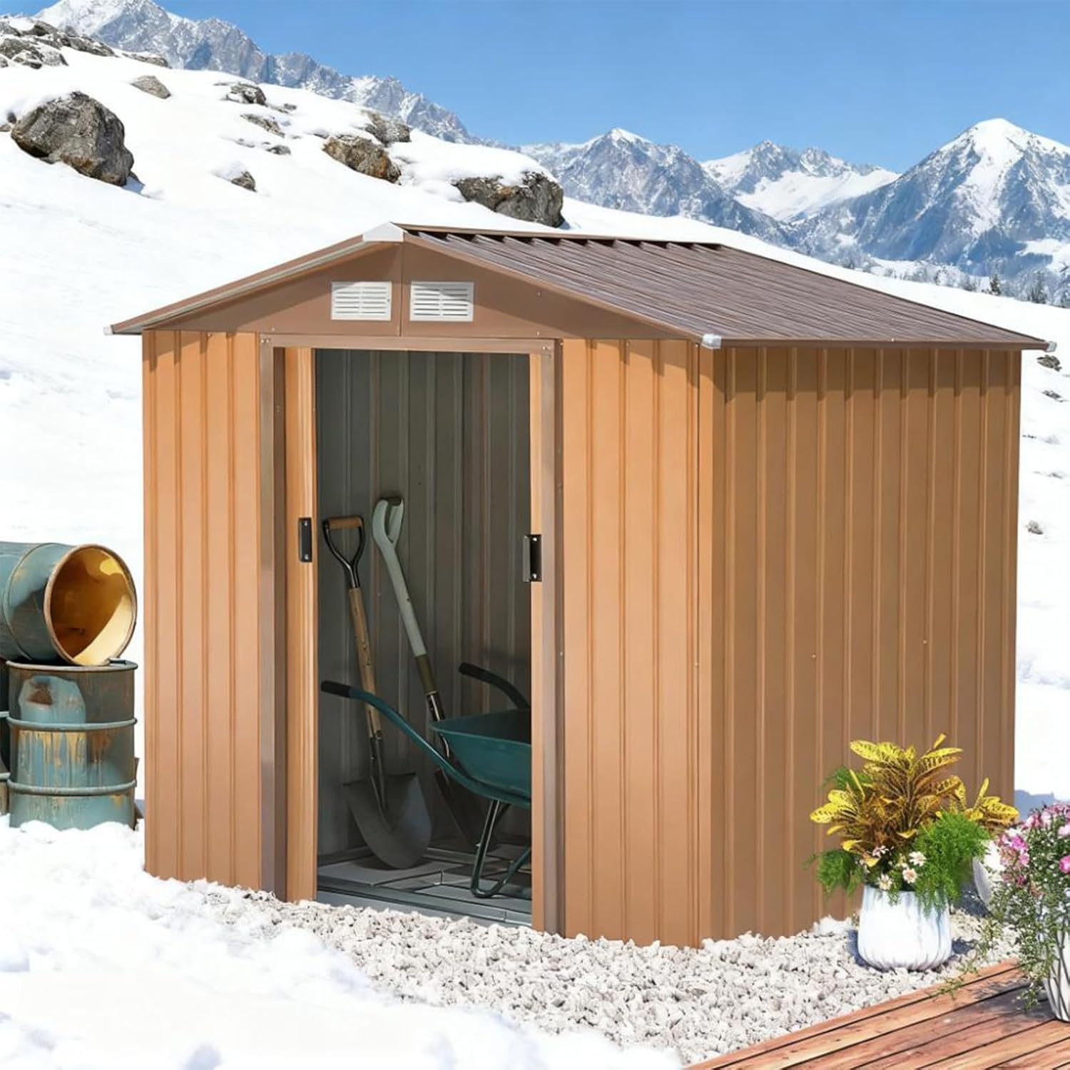 5x9 FT Outdoor Storage Shed, Large Metal Tool House Garden Storage Shed, Updated Frame Structure with Ventilation Opening and Lockable Sliding Door, for Garden, Patio (Yellow A)