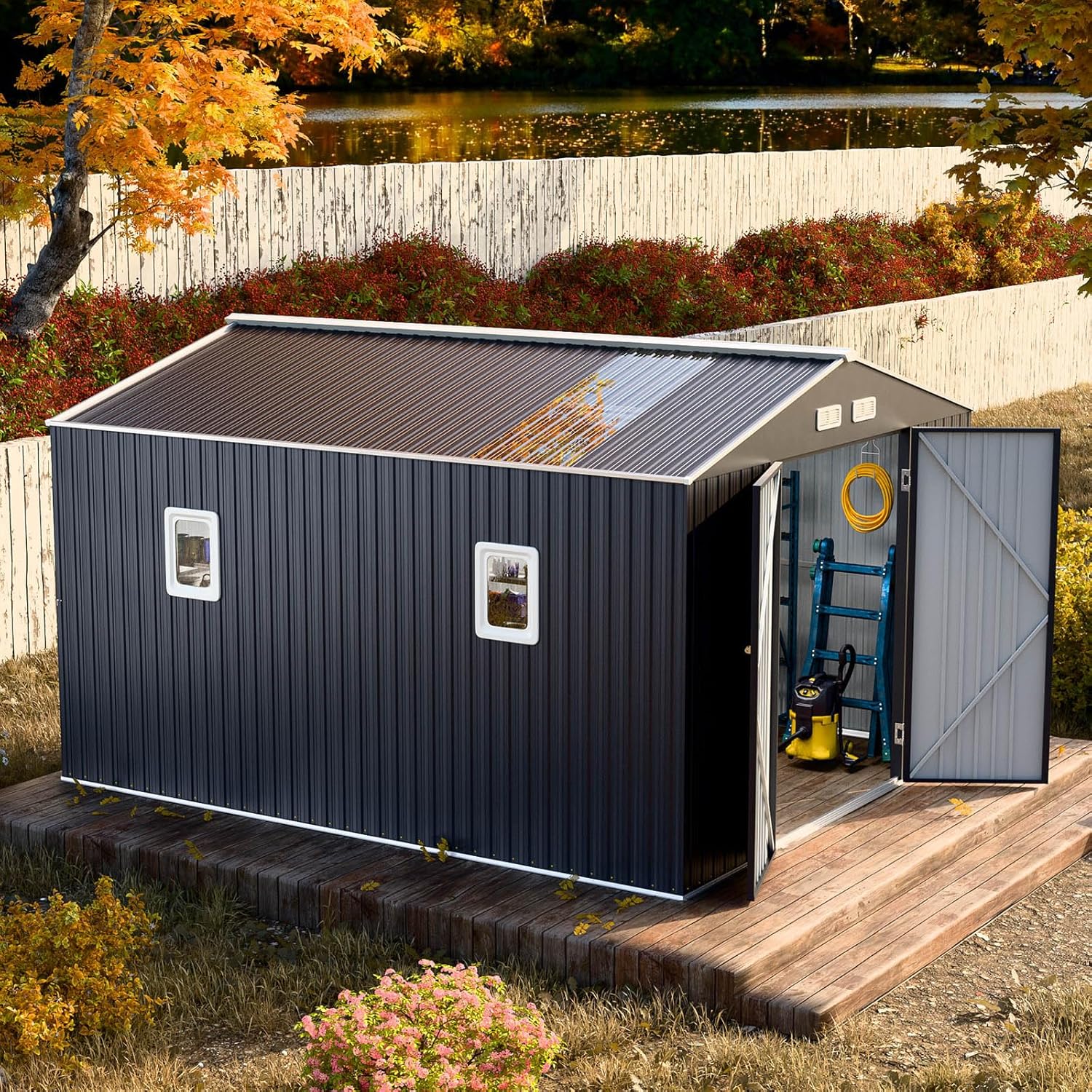 10x10 FT Metal Outdoor Storage Shed with Floor Base, Waterproof Heavy Duty Reinforced Frame with Unique Clear Roof Skyview Windows Air Vent for Garden Large Tools Storage Lawnmower,Dark Grey