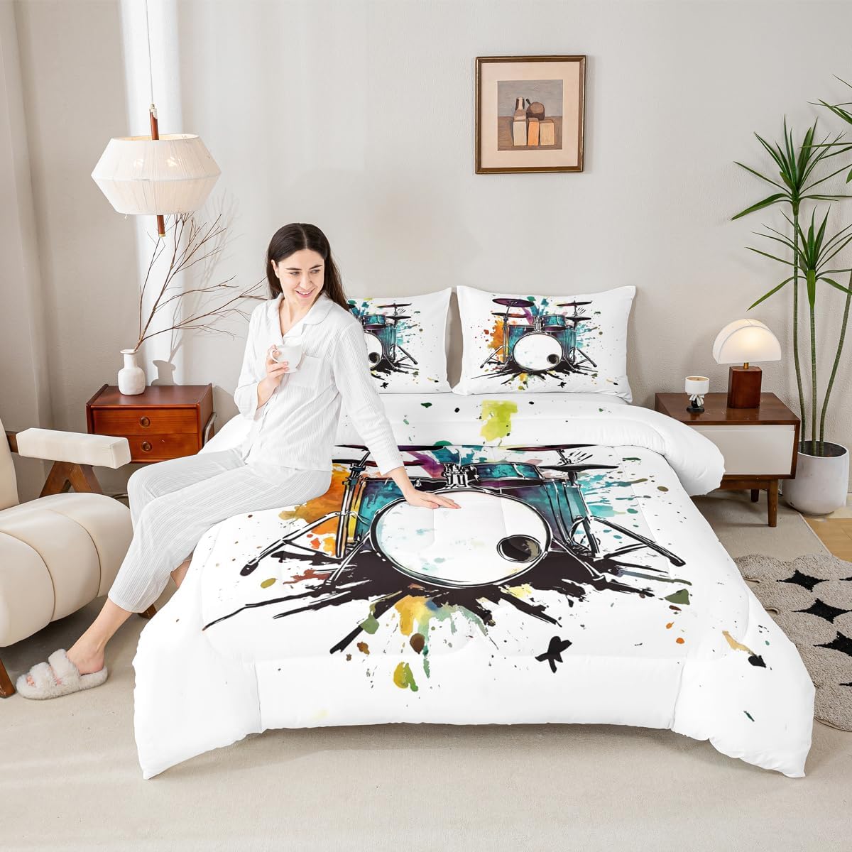 Erosebridal Drum Kit Kids Comforter Sets Rock Music Instrument King Bedding Set for Boys Girls Watercolor Drum Kit Comforter Set,Music Theme Quilt Duvet 3 Pcs