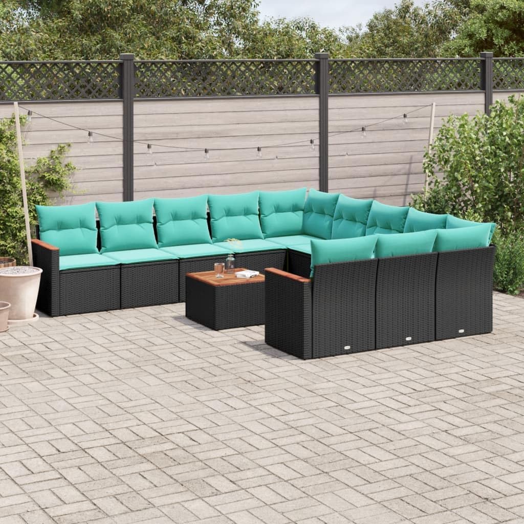 12 Piece Patio Sofa Set with Cushions Black Poly Rattan, Modular Outdoor Furniture with Removable Covers, Durable PE Rattan and Acacia Wood Tabletop for Backyard Terrace