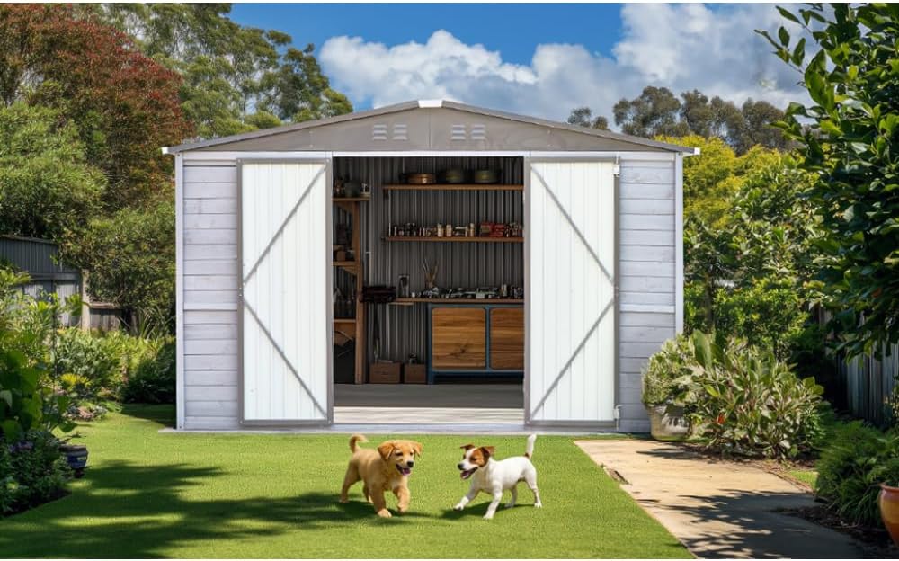 8x8 FT Wooden and Metal Combination Garden Storage Shed for Outdoor Tools, Lawn Equipment, and Yard Supplies