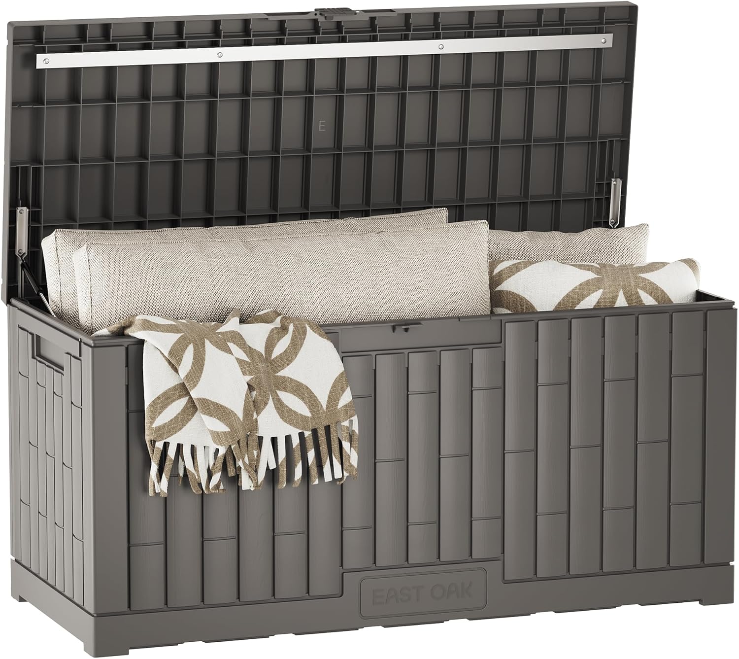 EAST OAK 120 Gallon Outdoor Storage Box | Large Resin Deck Box with Reinforced Stainless Steel Support | Waterproof & UV-Resistant Patio Storage Box for Cushions, Garden Tools & Pool Accessories, Grey