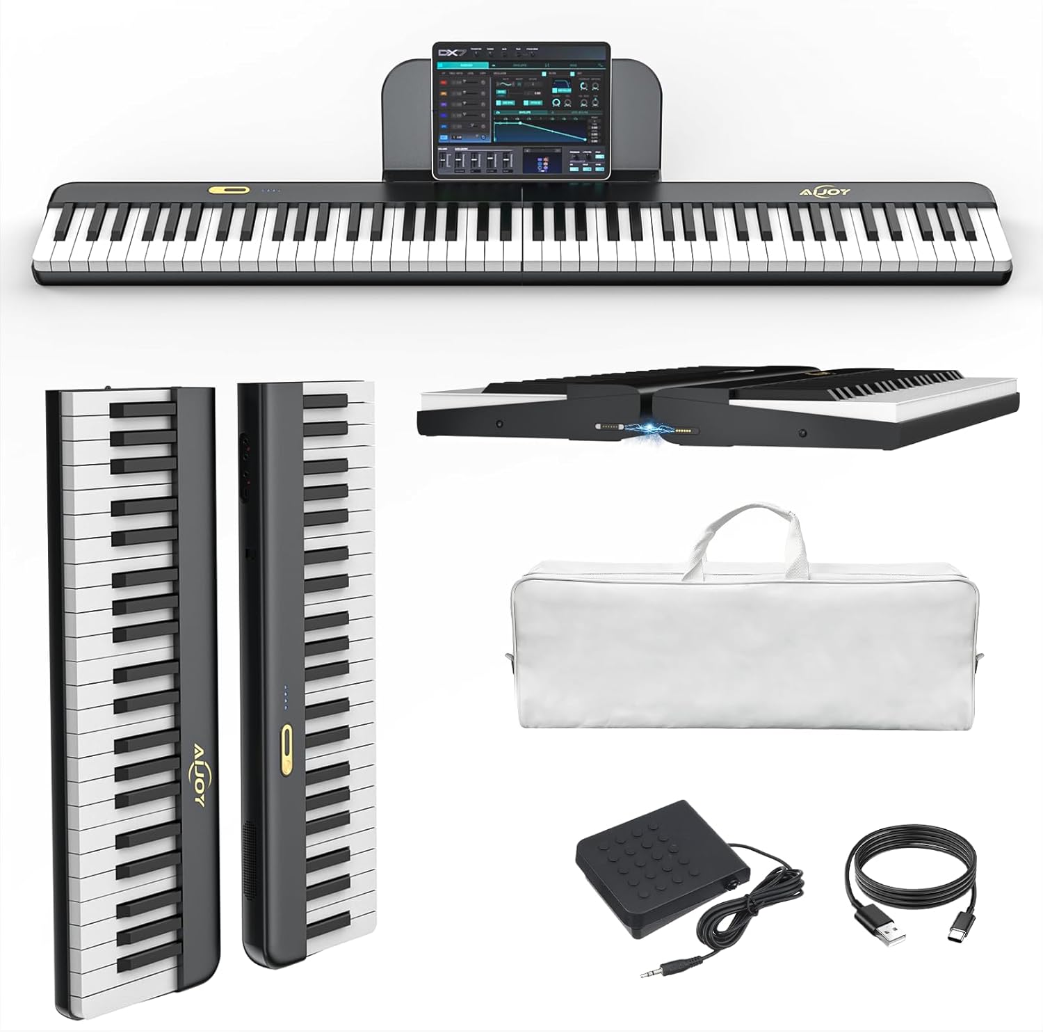 Portable Keyboard Piano 88 Key, Digital Piano with Magnetic Connection for Beginners, Travel Foldable Electric Piano Keyboard, Sensitive Keys, Sustain Pedal, Sheet Music Stand, Piano Bag