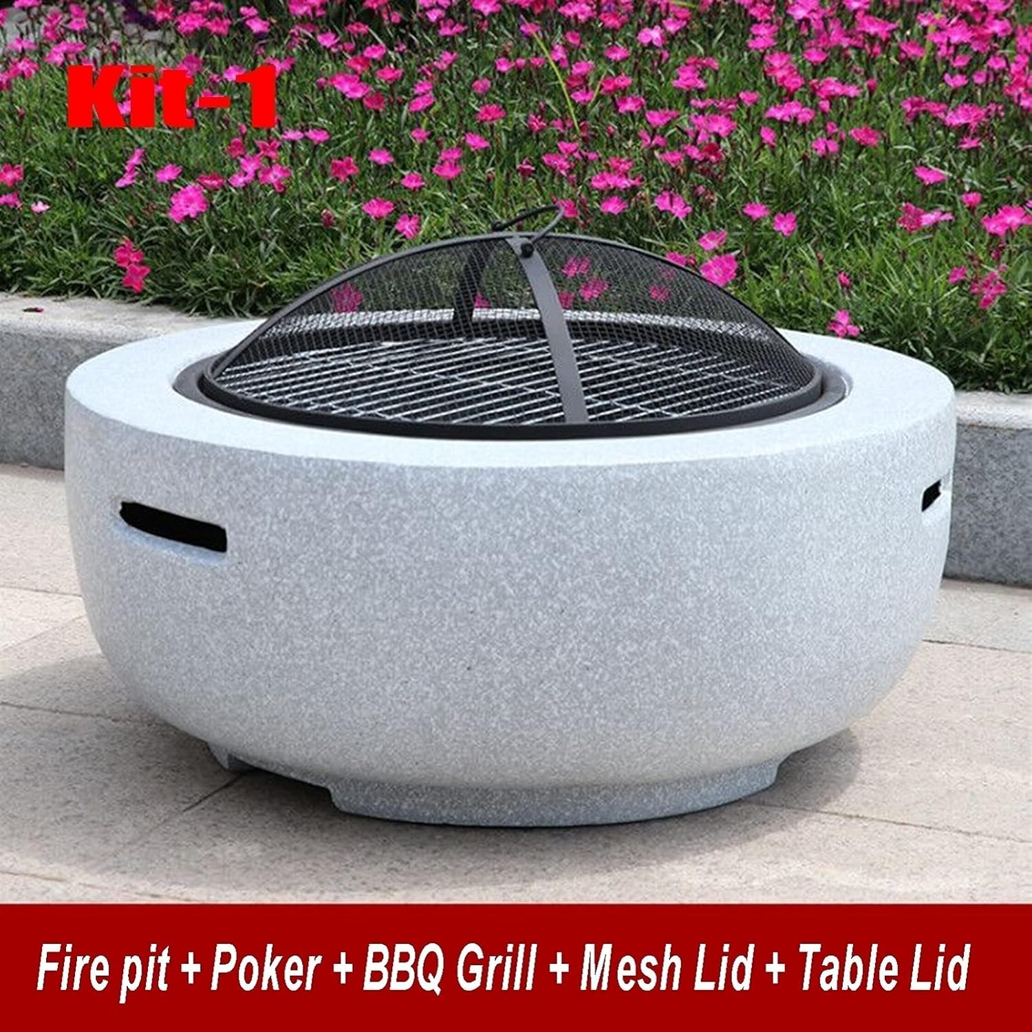 Outdoor Fire Pit Garden Terrace Imitation Stone BBQ Table, Outdoor Wood Burning Fire Bowl with Sparkle Screen Cover and Poker, Outdoor Fireplace