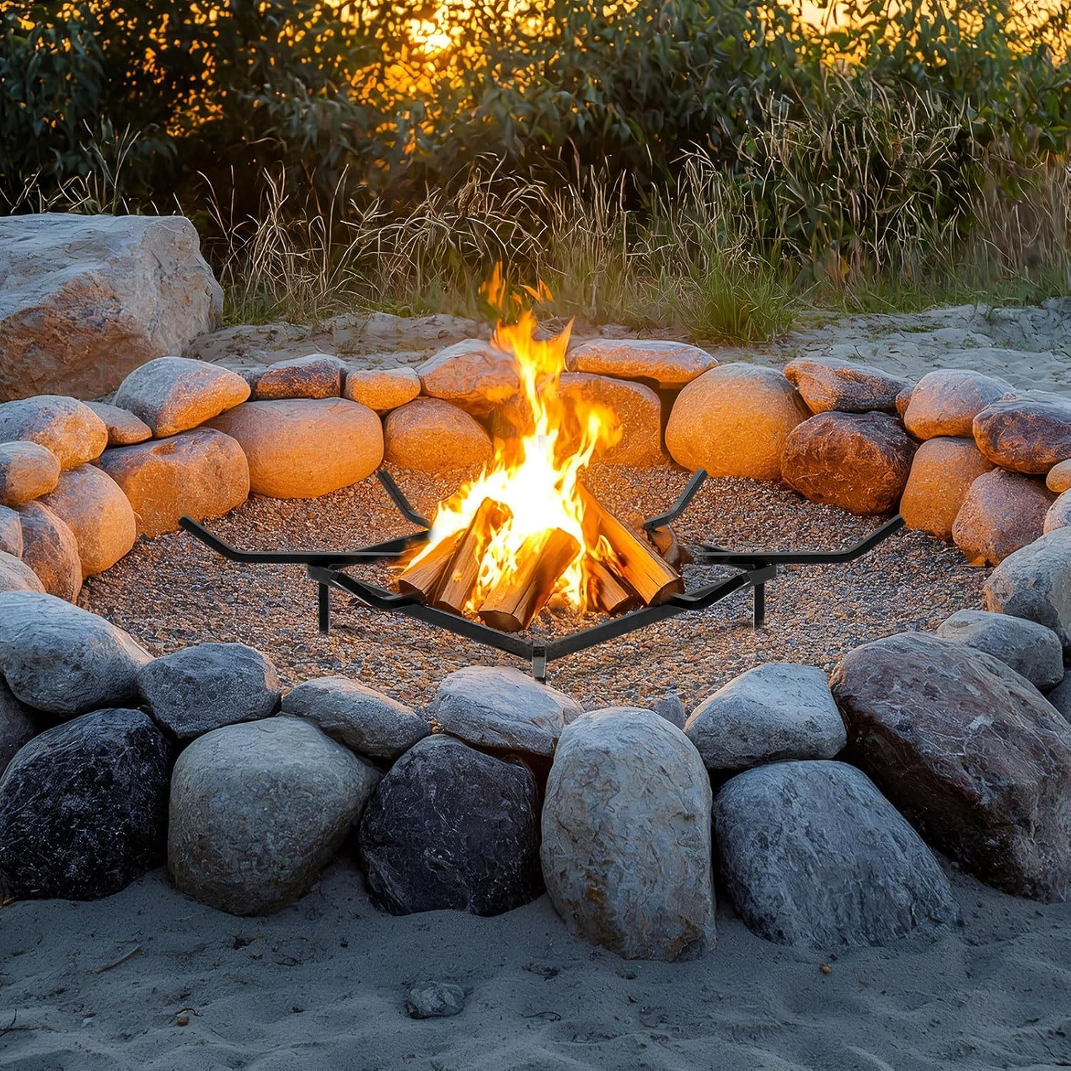 24 x 24 Inch Square Wheel Fire Pit Grate, Heavy Duty Fireplace Grate for Outdoor Wood Burning, Fire Pits, Fireplace Hearth & Campfire, Metal Log Rack Holder