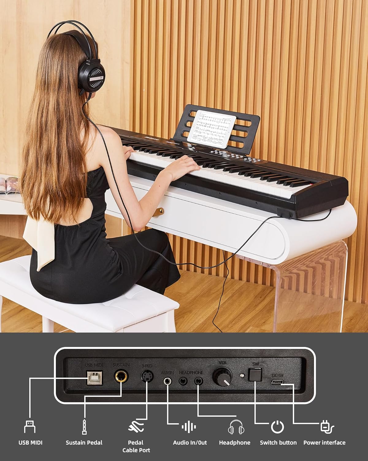 Weighted Piano 88-Key Digital Piano, Full-Size Electric Piano Keyboard with Hammer Action, Sustain Pedal, MP3 Function Dual 15W Speaker, Supports USB-MIDI/Wireless Connect