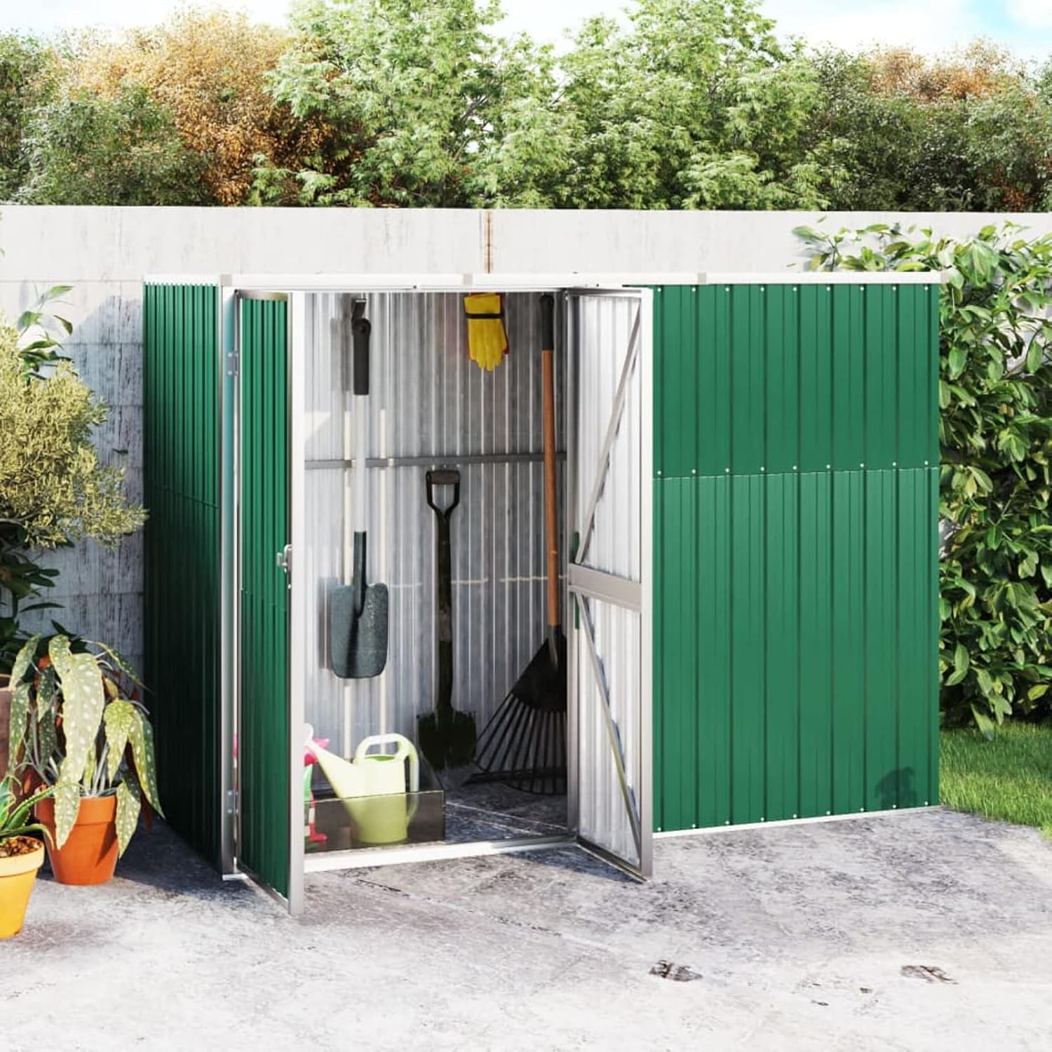 Green Tool Shed 225 x 89 x 161 cm in Galvanised Steel, Garden Tool House, Sheet Steel Shed with Tilted Roof, Tool Storage with Sliding Doors