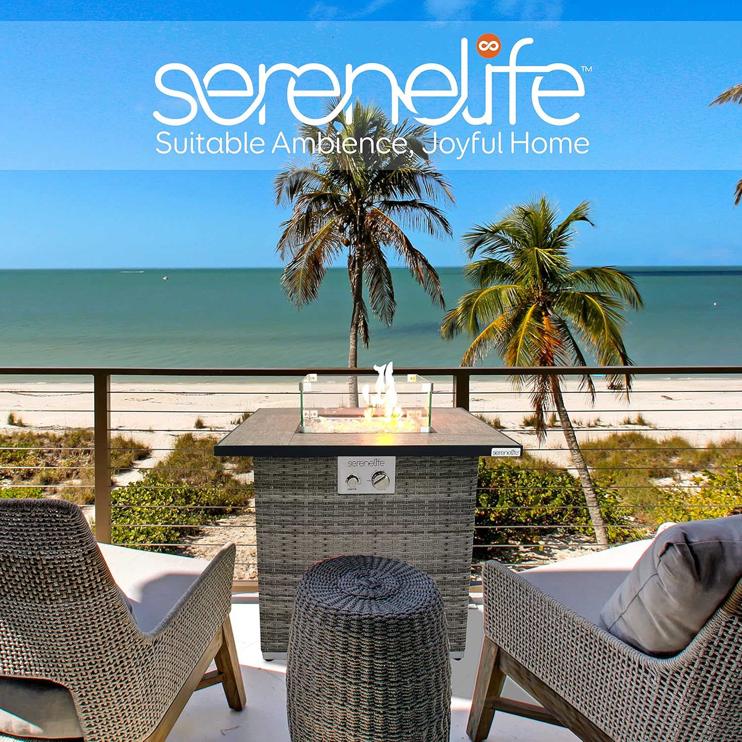 SereneLife Propane Fire Pit Table, 50000 BTU CSA/ETL Certified Safe Gas Table with Sturdy Wicker Base, Stainless Steel Burner, Glass Wind Guard & Cover, Outdoor Fireplaces for Parties