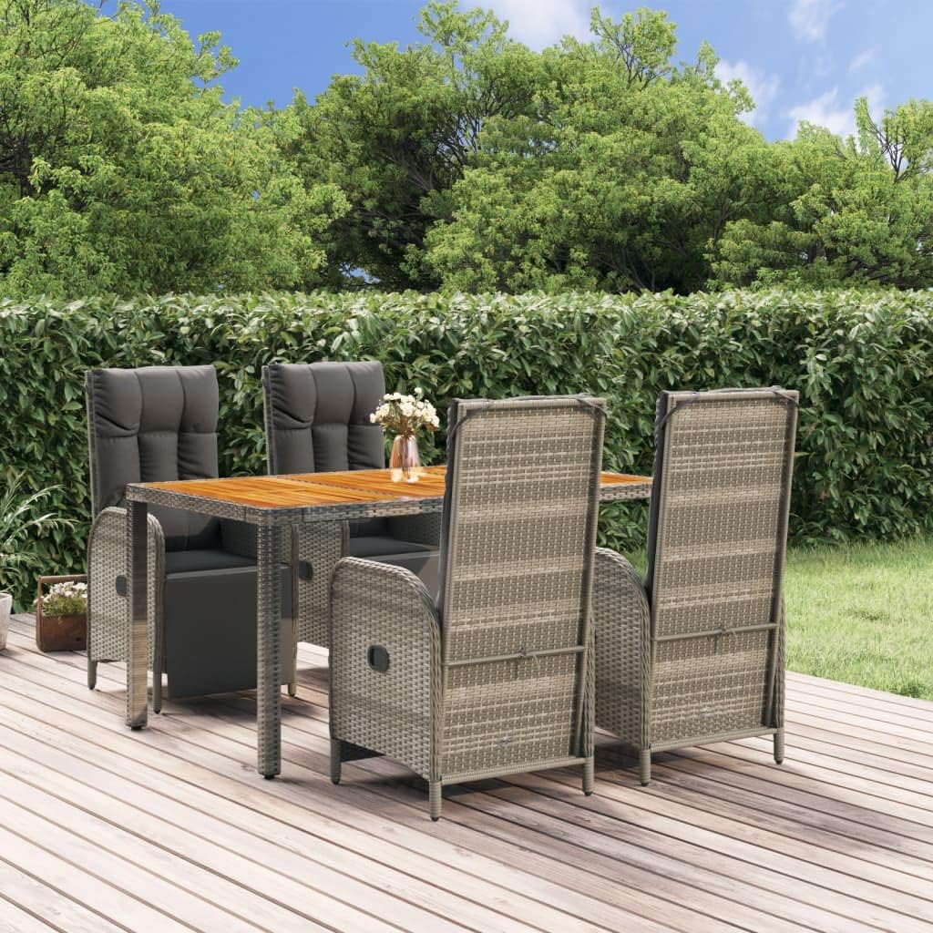 5 Piece Outdoor Dining Set, Grey PE Rattan Patio Furniture with Adjustable Footrests, Acacia Wood Tabletop, Balcony Garden