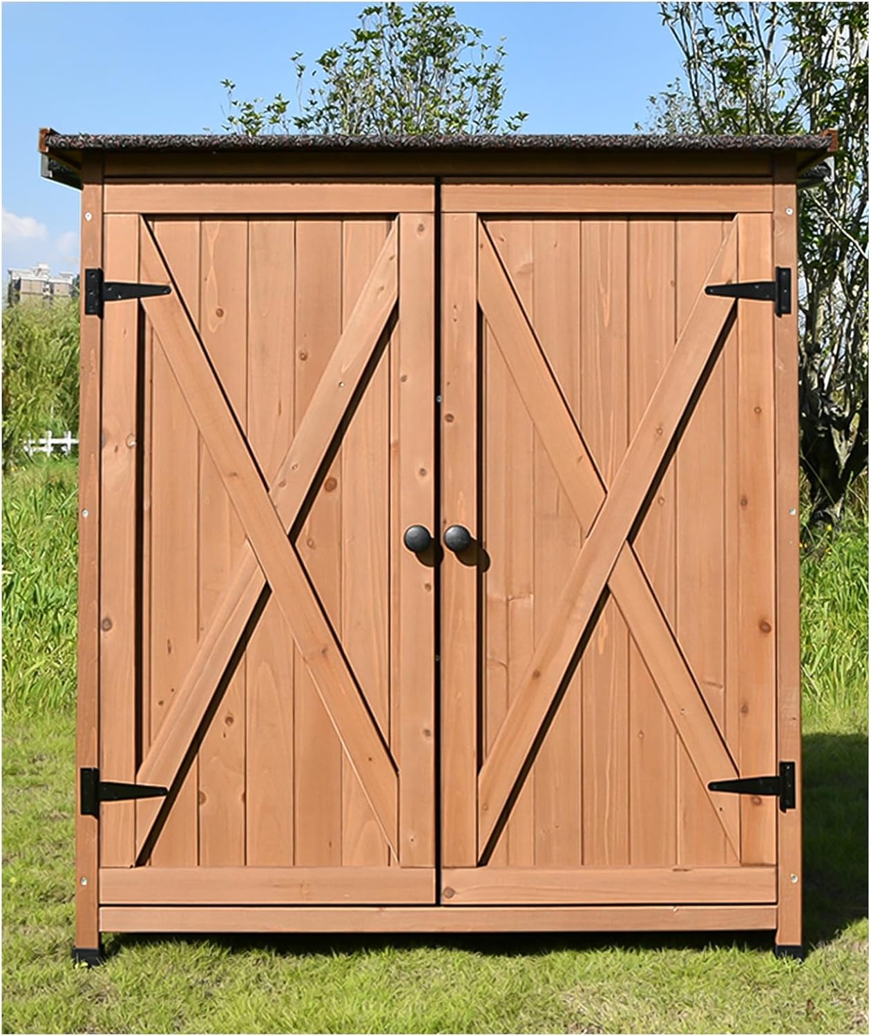 47 in Tall Wood Outdoor Shed, Garden Tool Storage Shed, Backyard Vertical Storage Organizer, Wooden Garden House with Shelves, Waterproof Roof, Garden Container, for Patio (Brown 119.5x110x55cm)
